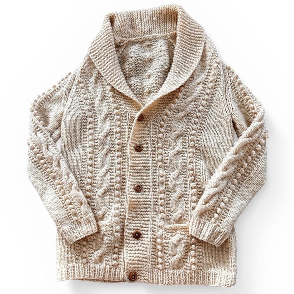 Vintage Faux Cardigan Hand Knit Shawl Collar 1970s Cable Bobbled Knit Chunky XL?
